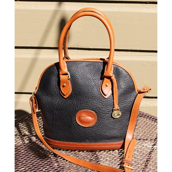 Vintage Dooney & Bourke LARGE (12") Norfolk Satchel, Black + British Tan, USA - Picture 2 of 15